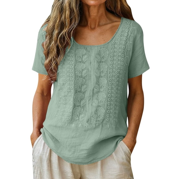 Lmueinov Short Sleeve Linen Tops for Women Blouse for Summer Fall Cotton Linen Blend Embroidered Loose Fit Round Neck Casual Boho Shirt
