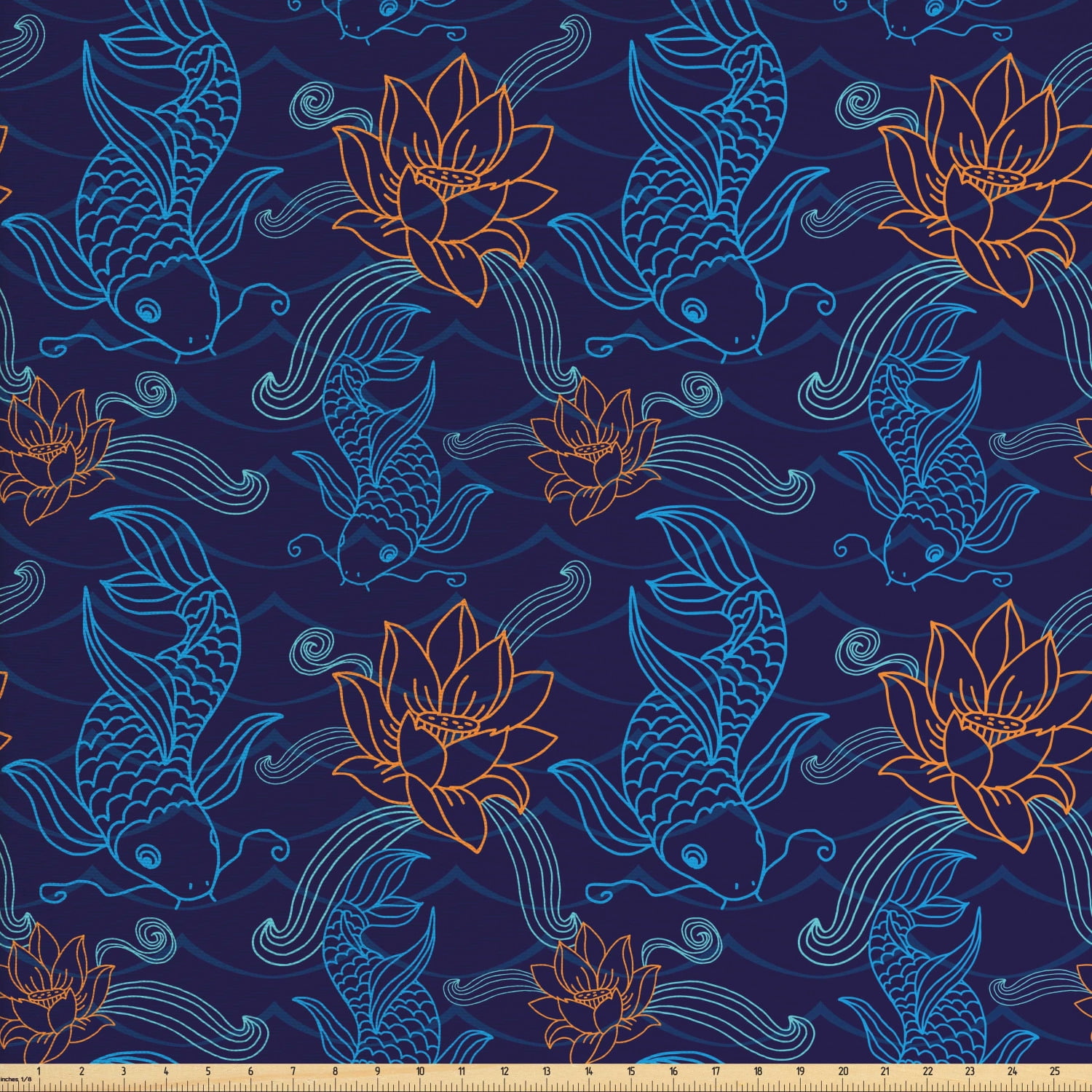 Fish Fabric by The Yard, Oriental Koi Fish Floral Arrangement Petals