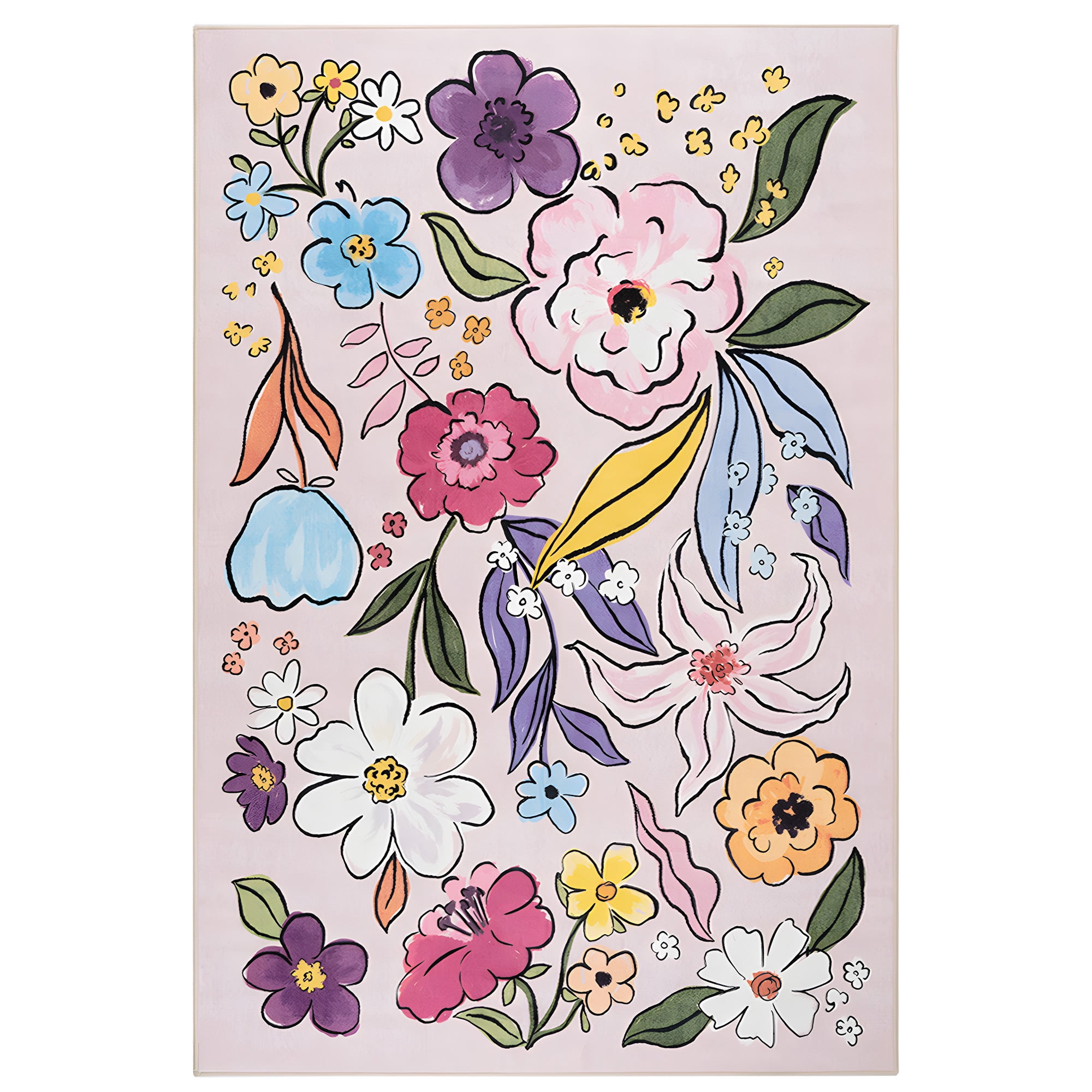 Wondo Washable Non-Slip 5x8 Floral Area Rug - Soft Pink Low Pile Floor Carpet with Botanical Big Flower Design for Girls Bedroom, Living Room, Dining Room, Kids Classroom Office