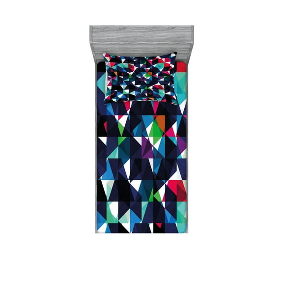 Ambesonne Geometric Fitted Sheet & Pillow Sham Set, Retro Colorful Mosaic, Twinxl, Multicolor