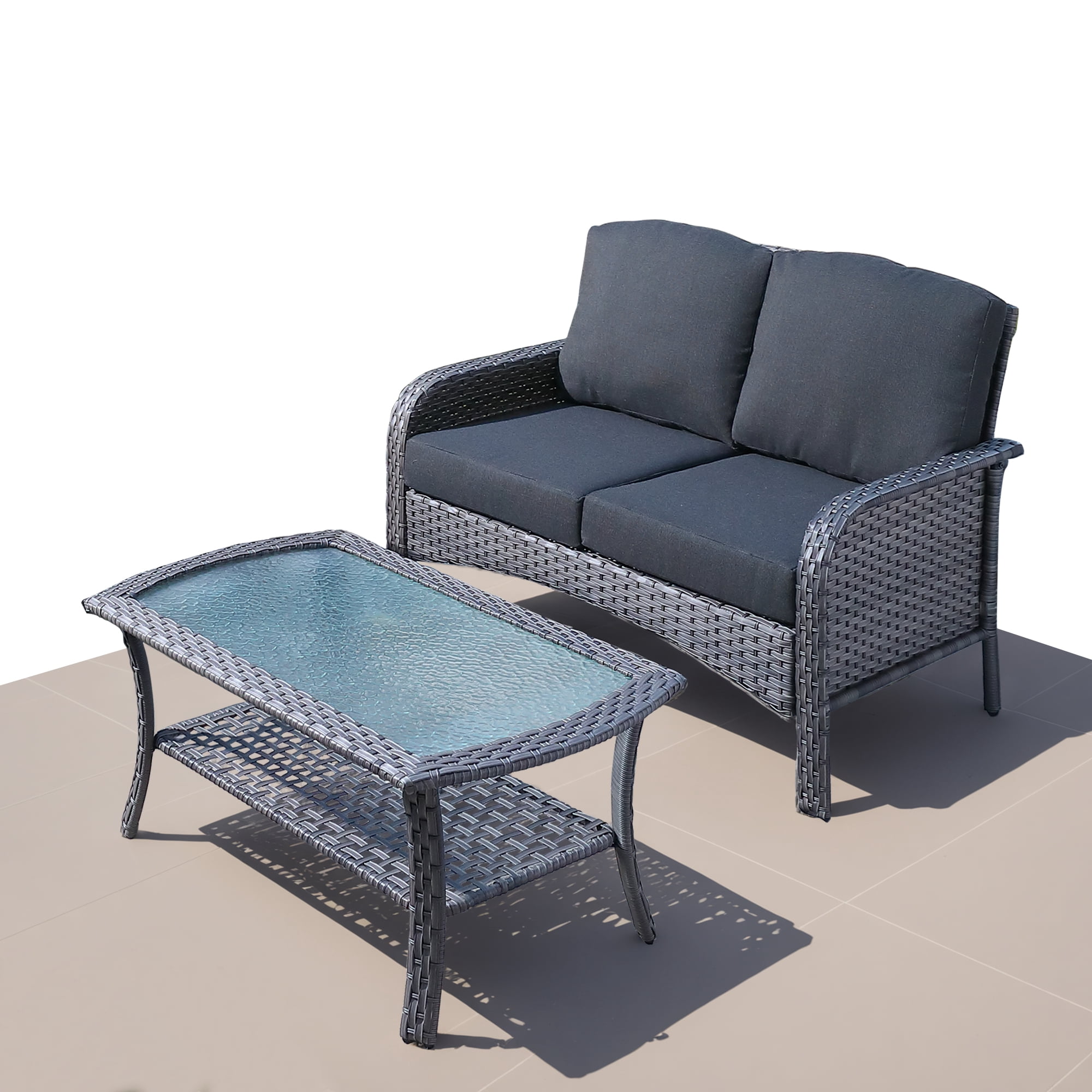 Ovios 2 Pieces Outdoor Patio Furniture High Back Wicker Rattan Outdoor Sectionals Set with Table for Backyard Balcony