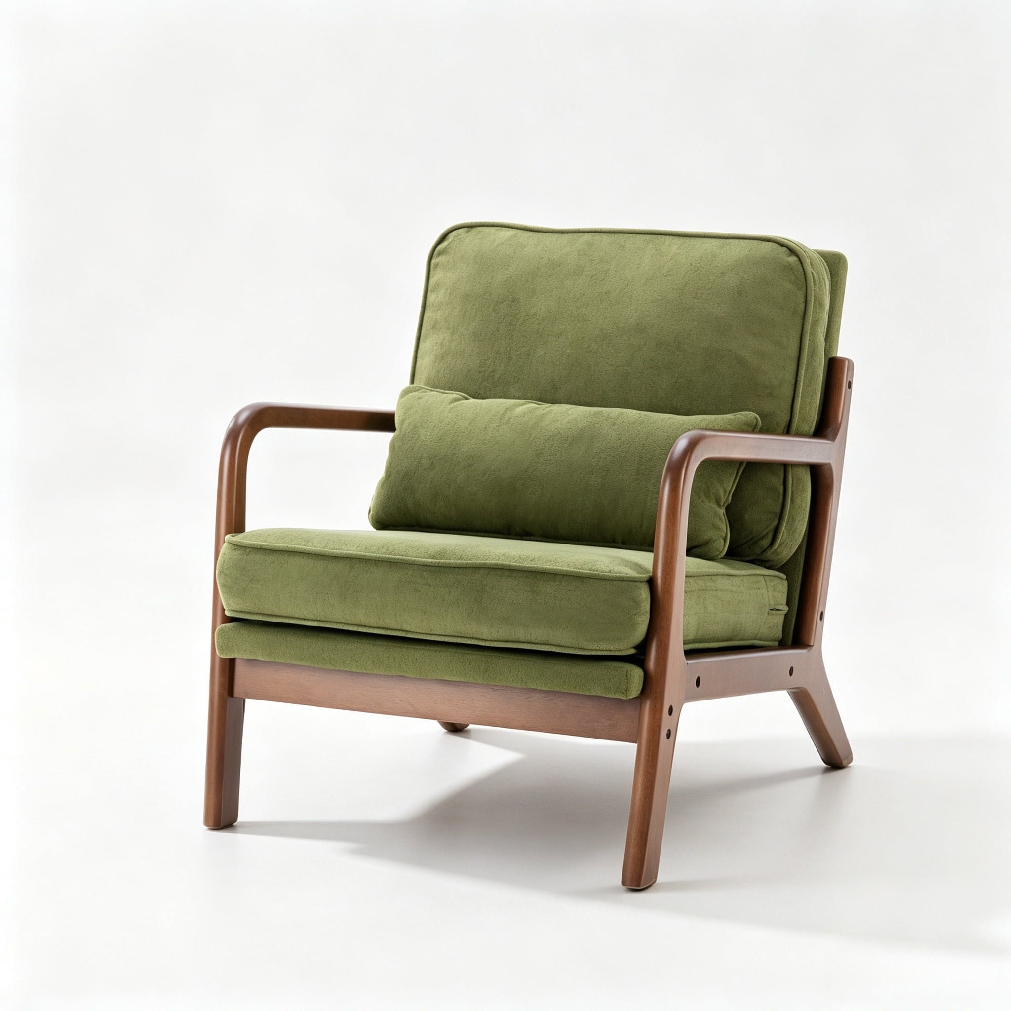 Mid-Century Modern Accent Chair with Arms and Waist Cushion, Solid Wooden Frame