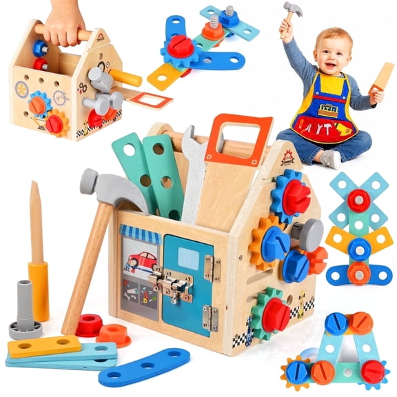 QIAHO Kids Tool Set, 34 Pcs Wooden Toddler Tool Box with Apron, Portable STEM Educational Pretend Play Construction Toys, Birthday Gift for for Boys Girls Ages 3-8