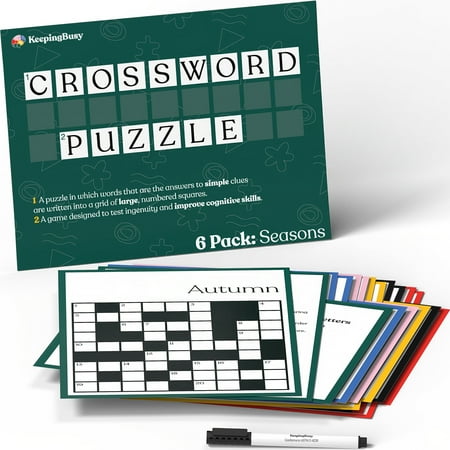 Keeping Busy Large Print Crossword Puzzles for Seniors – Dementia Activities for Seniors – 6 Reusable Sheets, Clue Guides & Markers Included