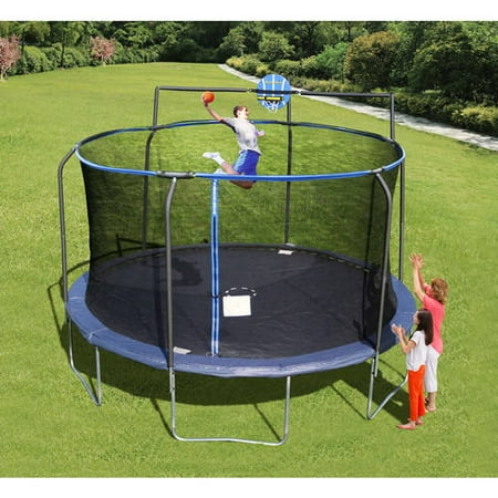 Bounce Pro 14’ Trampoline with Enclosure and Basketball Hoop (Dark Blue ...