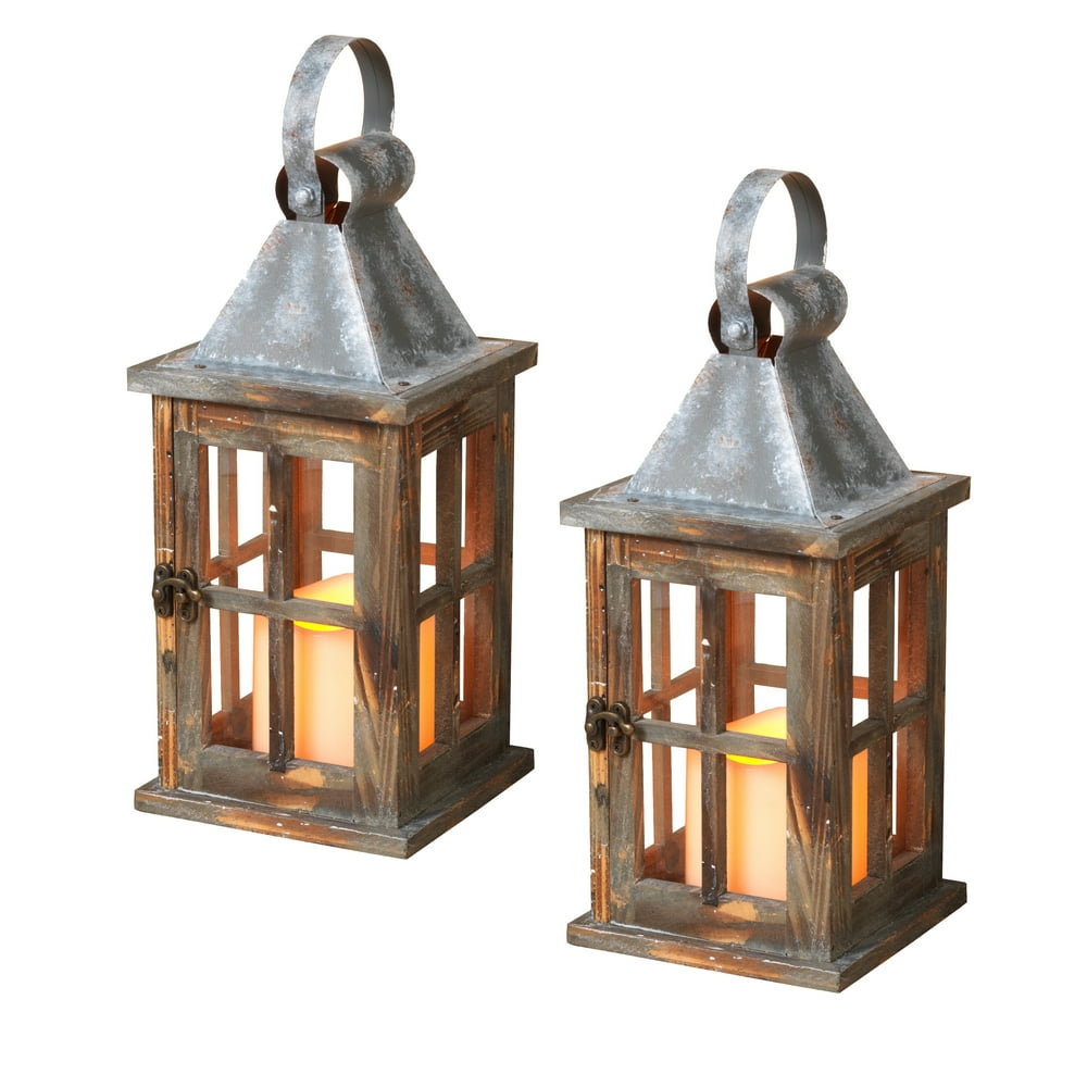 11 In Rustic Battery Operated Wood Lantern (Set of 2)