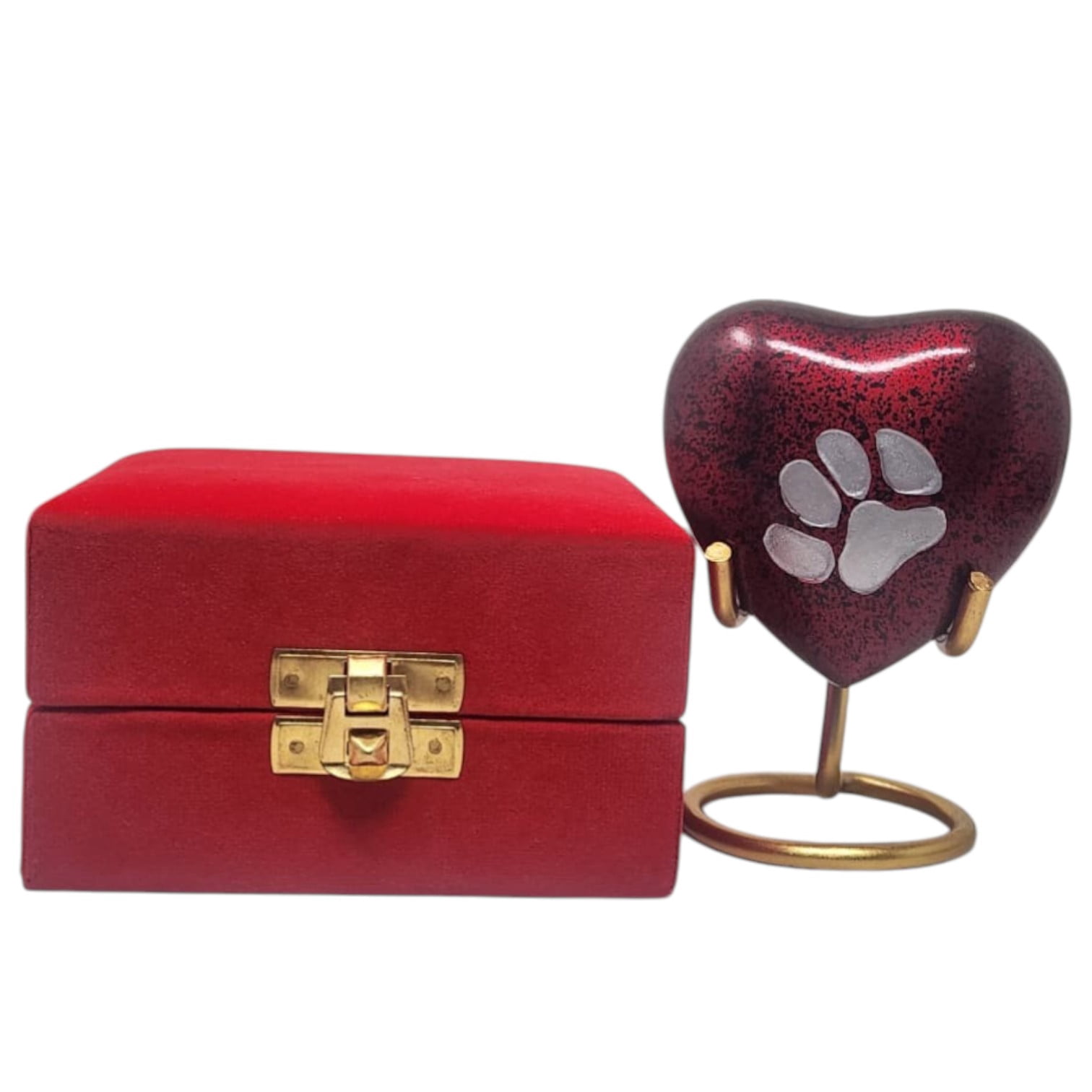 SMIURNS Crimson Red Speckled Heart Pet Cremation Urn - Small Keepsake Urn for Dog or Cat Ashes with Silver Paw Print - Includes Red Velvet Case and Display Stand