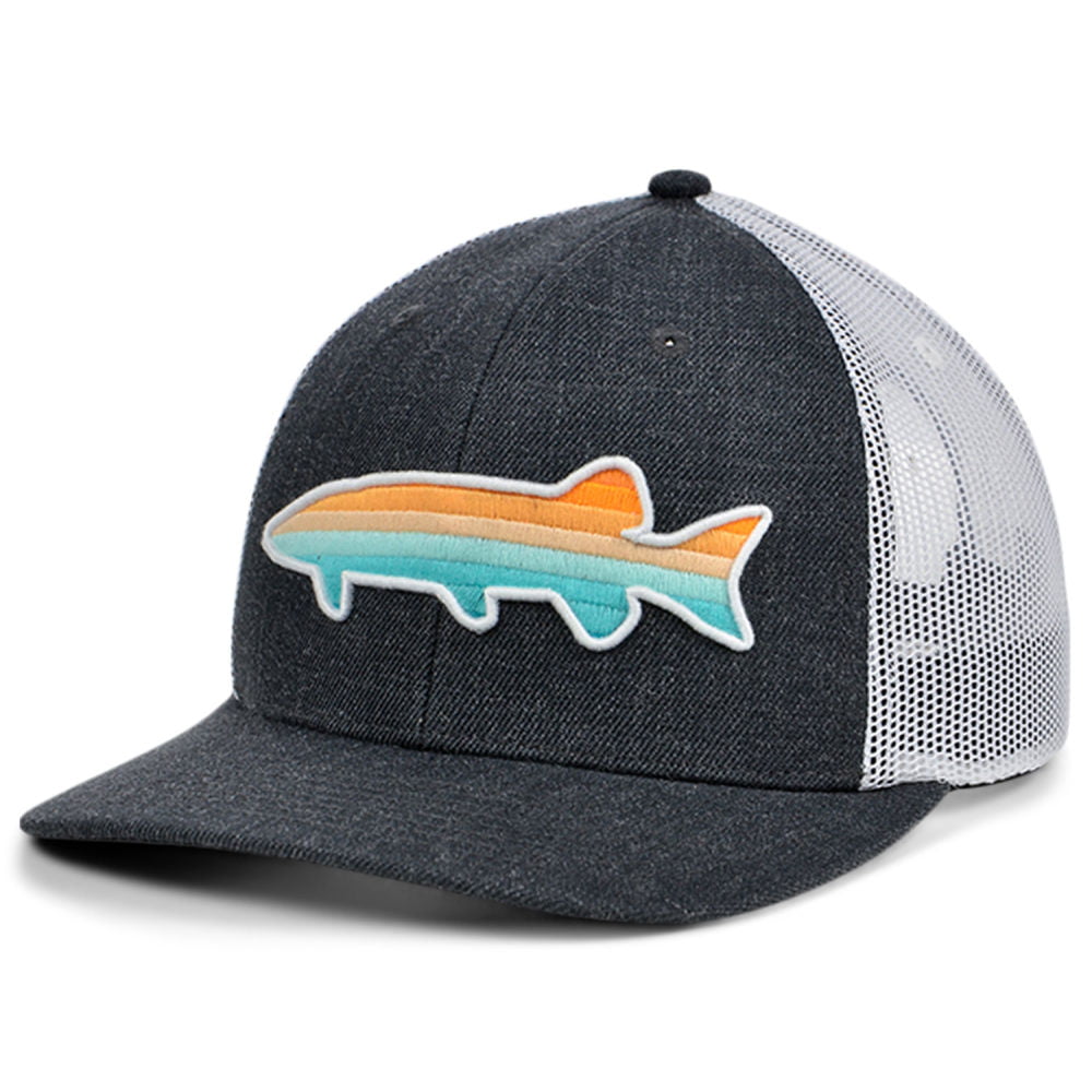 Local Crowns Collection Shark Fish Curved Trucker Gradient Adjustable  Snapback Cap Dark Gray, White, and Orange