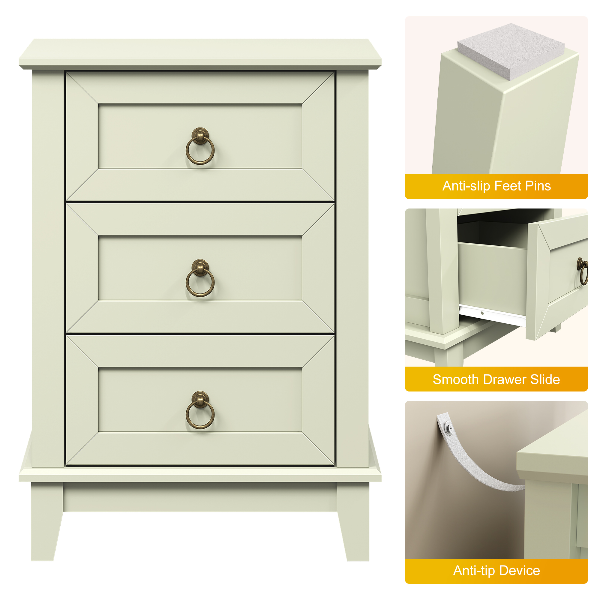 CozyHome Beige Nightstand Set of 2: Slim 3-Drawer Tall Wood Dressers, Space-Saving Bedside Tables for Small Rooms, Bedroom, or Dorm