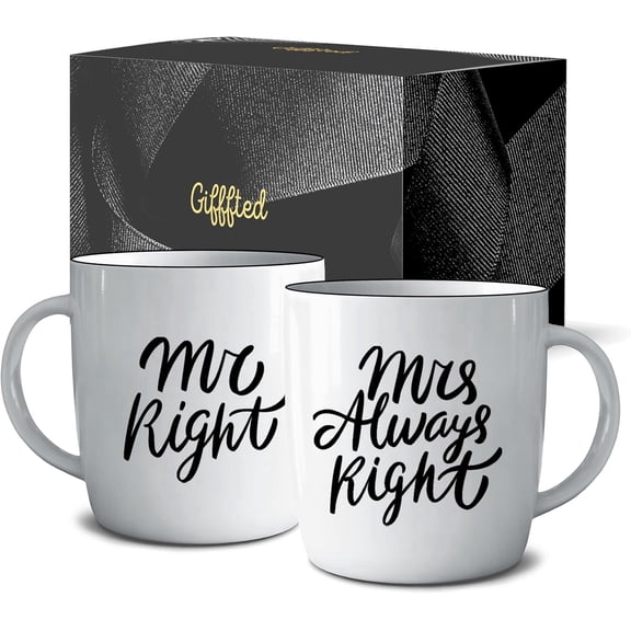 Triple Gifffted Mr Right and Mrs Always Right Coffee Mugs Gifts for Couple, Engagement Anniversary Day Wedding, Women, Couples, Bride Groom, Christmas, Newlywed, Valentine's, Gift, His and Hers Set