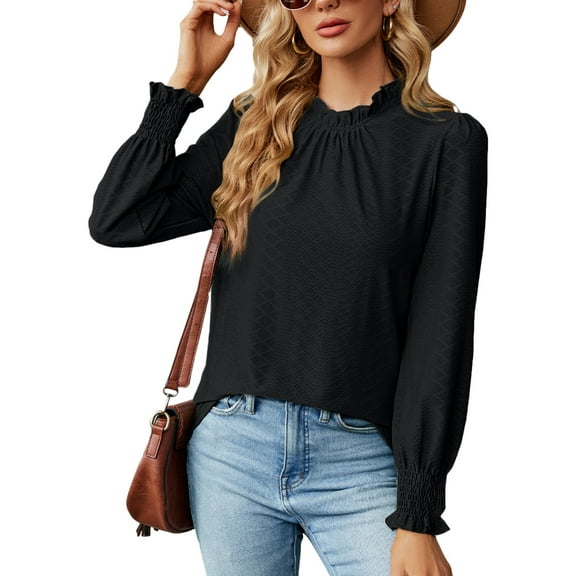 SWSMCLT Women's Summer Button Bishop Sleeve Elegant Soft Blouse Ruffle Shirt Loose Casual Thin Blouse Shirt Black Large