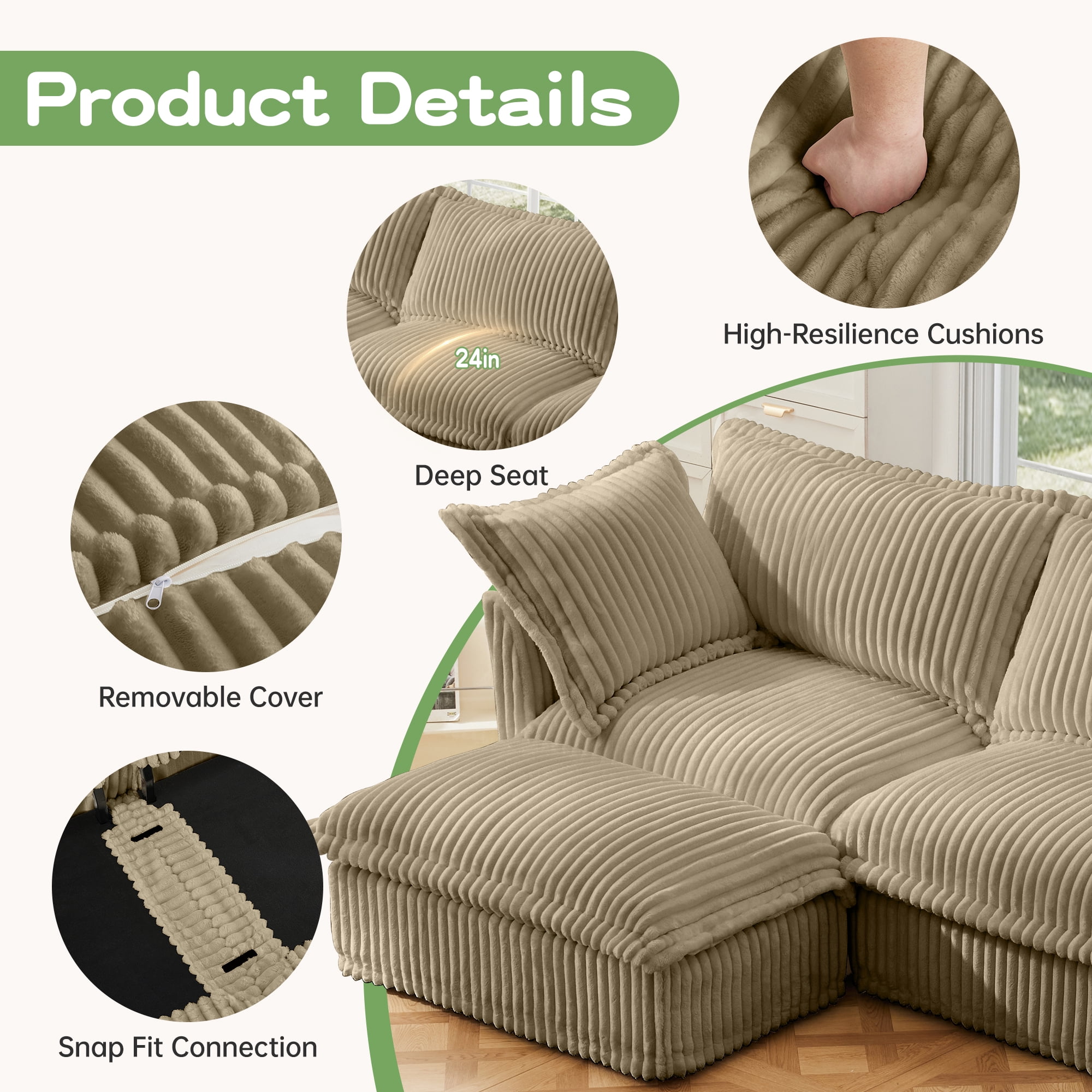 Gewnee Deep Seat Modern 3 Seater Sectional Sofa Couch With 2 Ottomans,U Shape Cream Corduroy Fabric Comfy Couch for Living Room