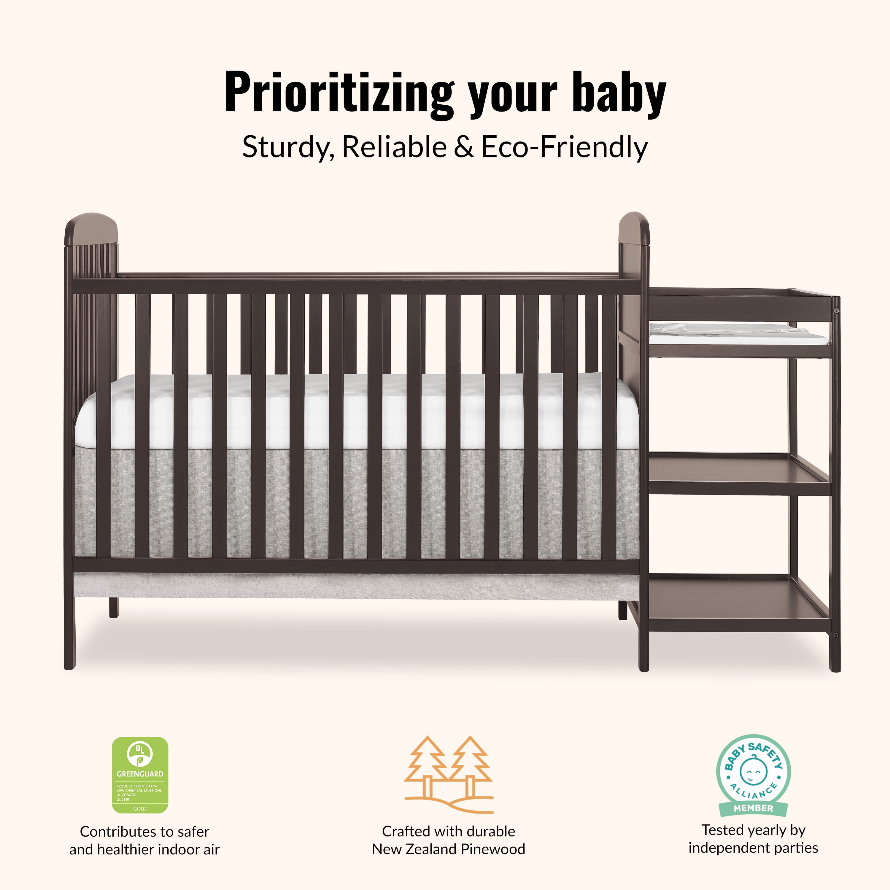 Dream On Me Anna 3-in-1 Convertible Crib with Changing Table Chocolate, Changing Pad Included Converts from Baby Crib to Toddler Bed, Day Bed and Kids Sofa, Three Adjustable Mattress Height Positions