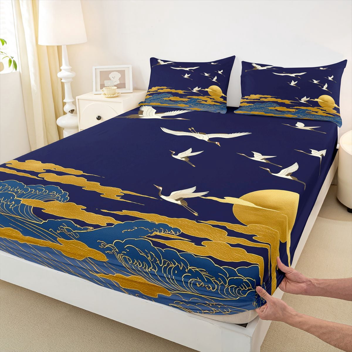 Manfei Traditional Crane Wave Queen Sheet Sets for Girls Women, Golden Moon Bed Set, Blue Gold White 4pcs, 1 Flat Sheet, 1 Fitted Sheet and 2 Pillowcases