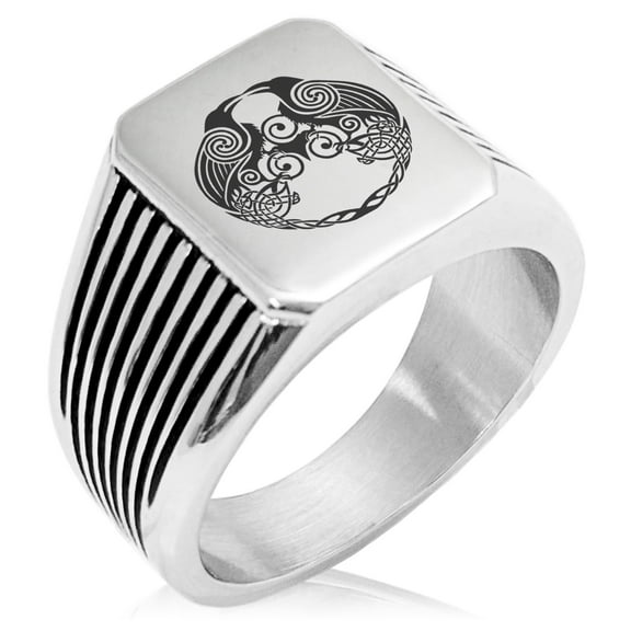 Stainless Steel Yggdrasil Huginn & Muninn Odin's Ravens Needle Stripe Pattern Biker Style Polished Ring