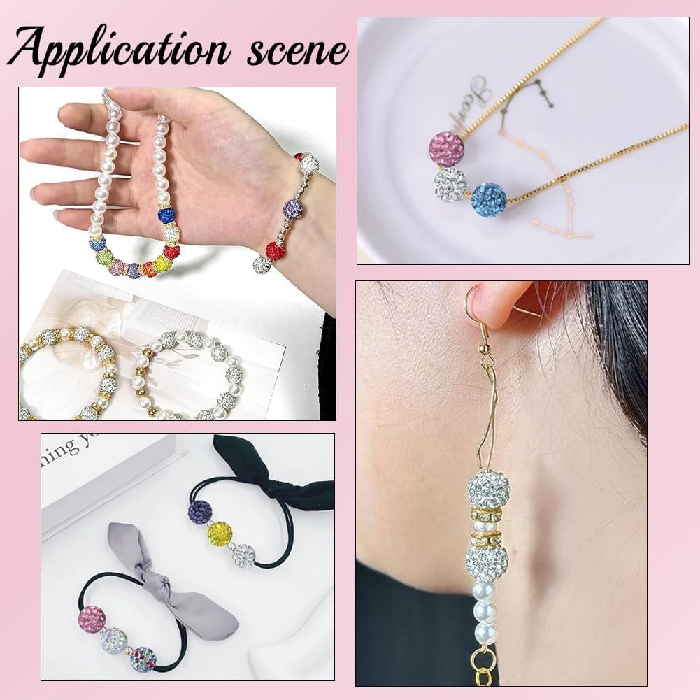 Colorful 1 Box 505Pcs Rhinestone Beads Kit 10MM Clay Beads Sparkle Disco Ball Beads with Charms Spacers Pearls Elastic String for Jewelry Making DIY Bracelet Necklace Earring Keychain Crafting