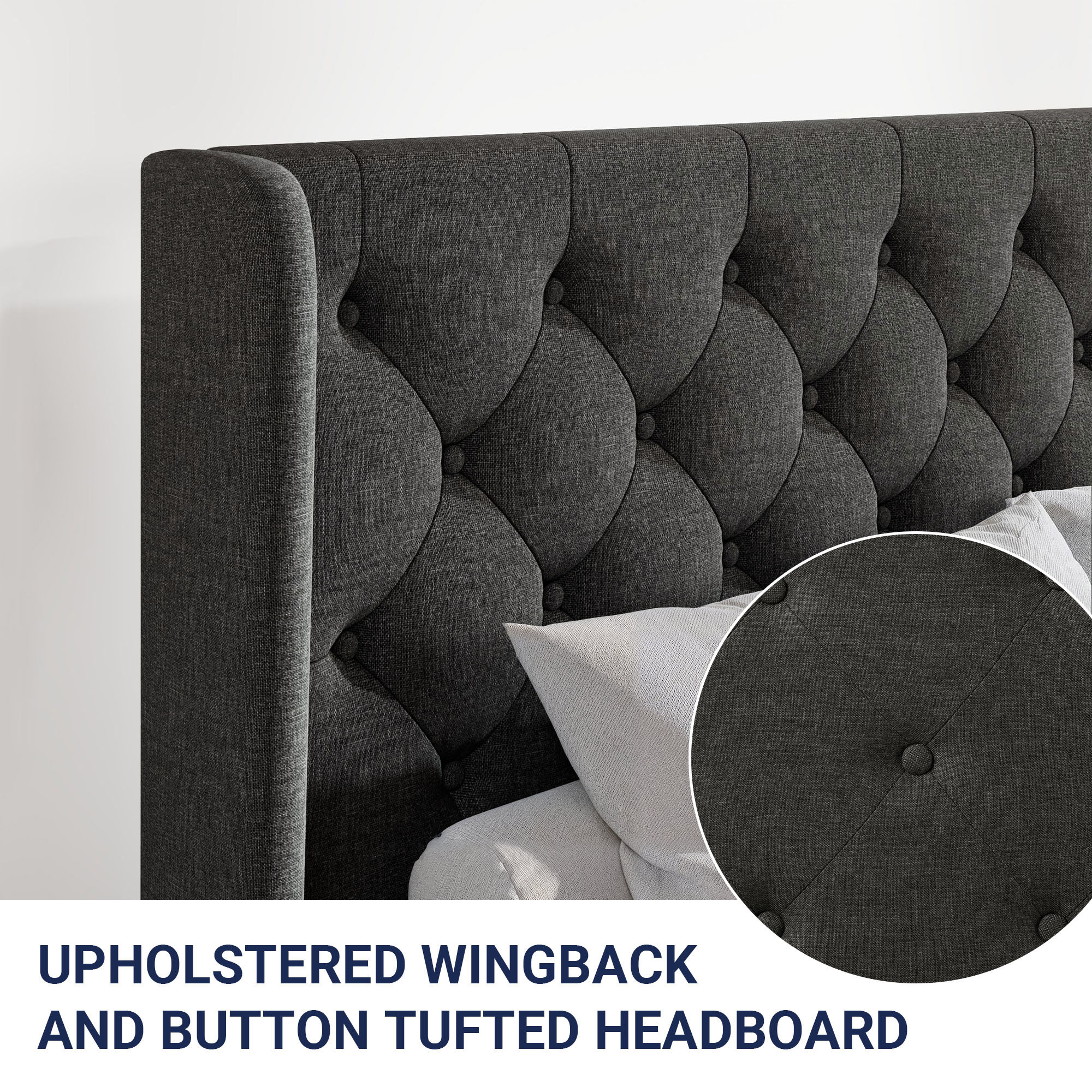 Allewie Full Size Upholstered Platform Bed Frame with Fabric Wingback Button Tufted Headboard, Dark Grey