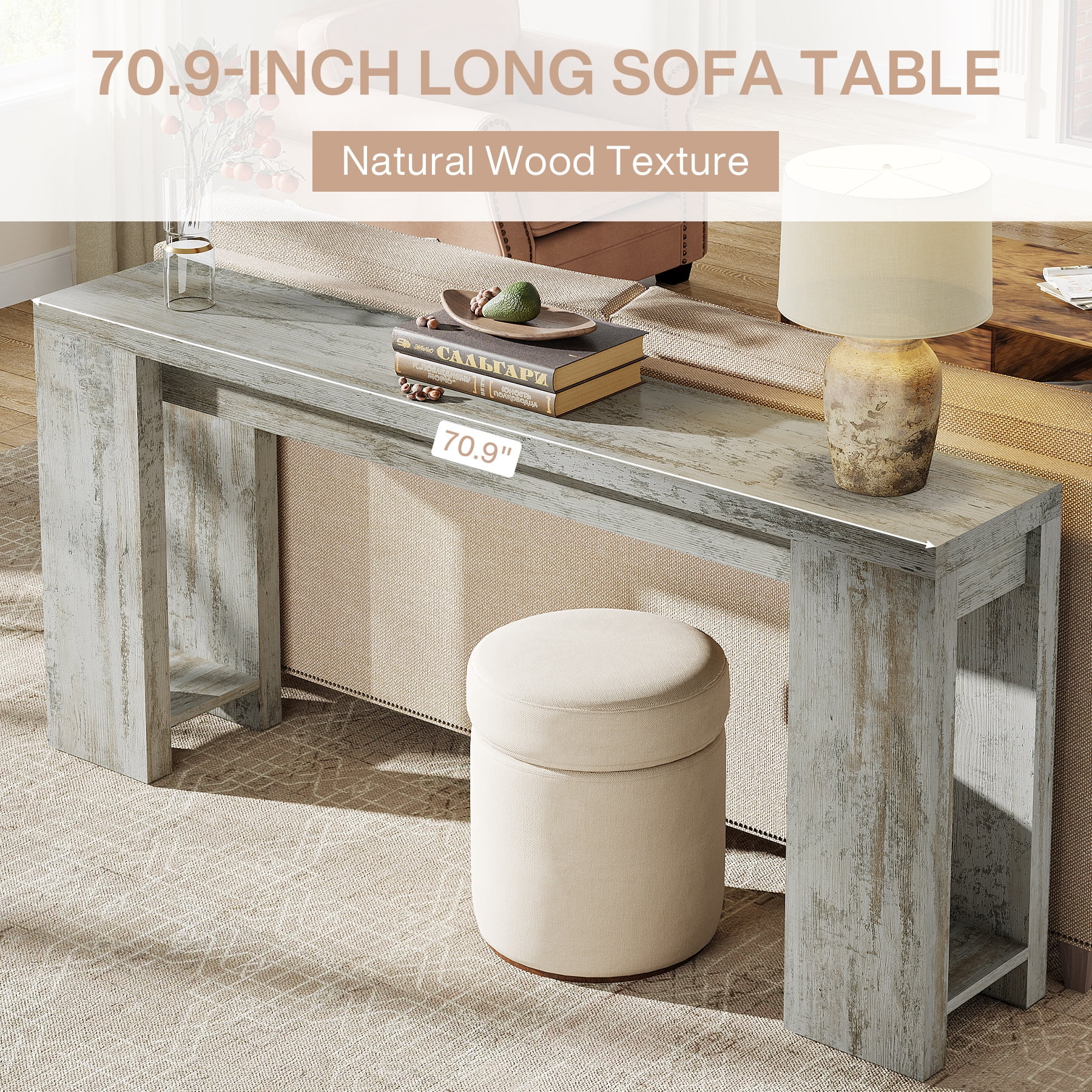 Finmind 71" Long Console Table, Narrow Distressed White Entryway Table Wood Sofa Table