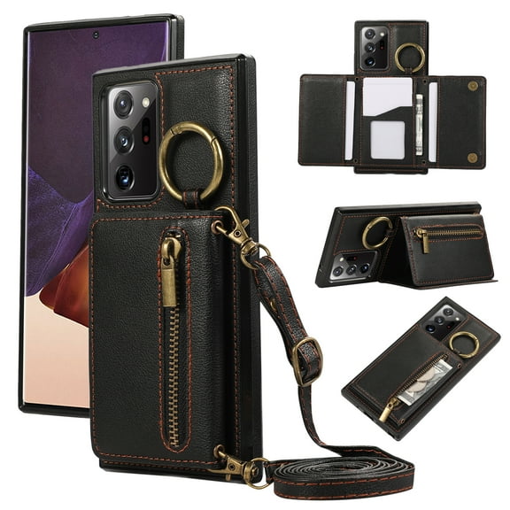 Crossbody Wallet Case for Samsung Galaxy Note 20 Ultra with Lanyard Strap Card Slot Holder RFID Blocking 360° Ring Kickstand,Magnetic Flip Folio Zipper Purse Case, PU Leather Cover Handbag,Black