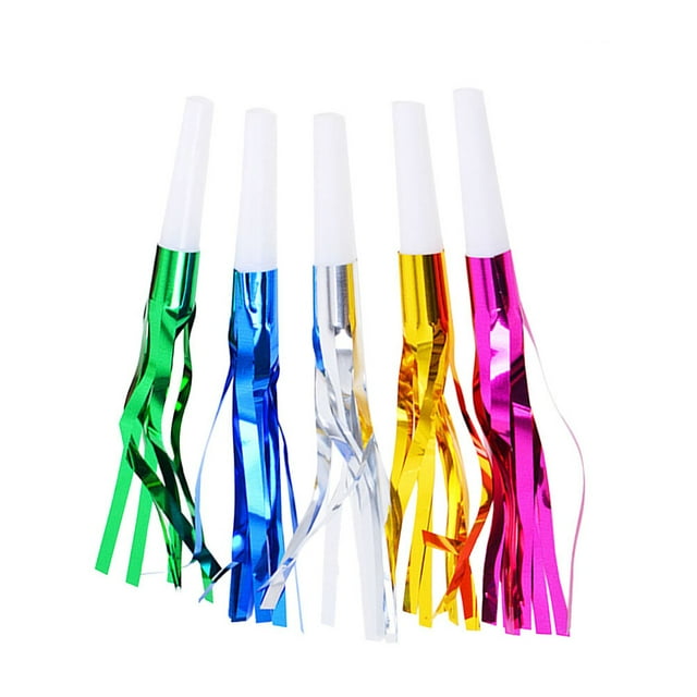 KAKOWELY 18 silbatos metálicos con flecos brillantes para hacer ruido, juguetes para niños, recuerdos de fiesta de cumpleaños (color aleatorio)