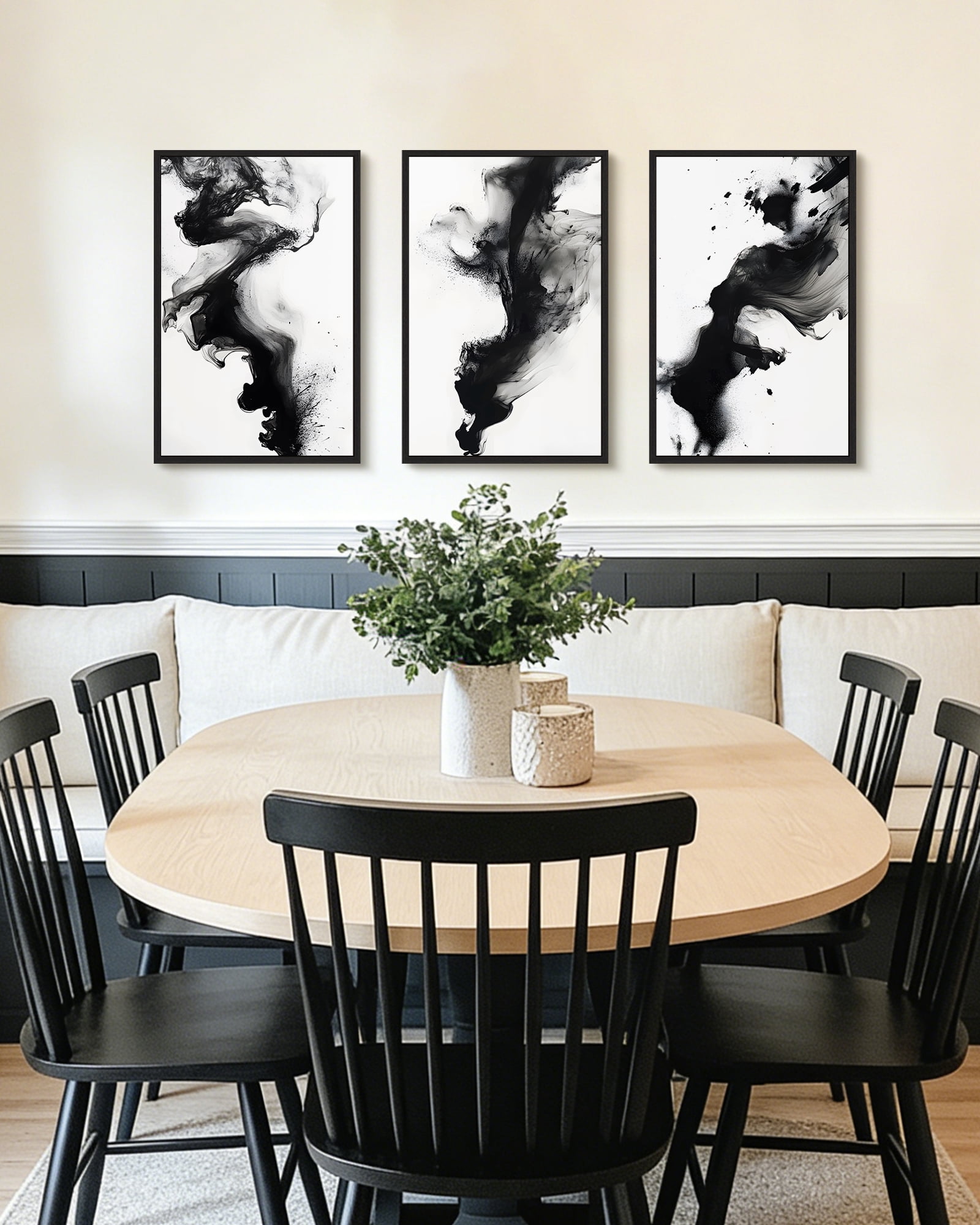 SHENIFY Black White Abstract Canvas Wall Art 16x24in3pcs Black Framed Ink Wash Pastel Wall Decor Modern Rendering Illustration Art Painting for Dining Room Bedroom