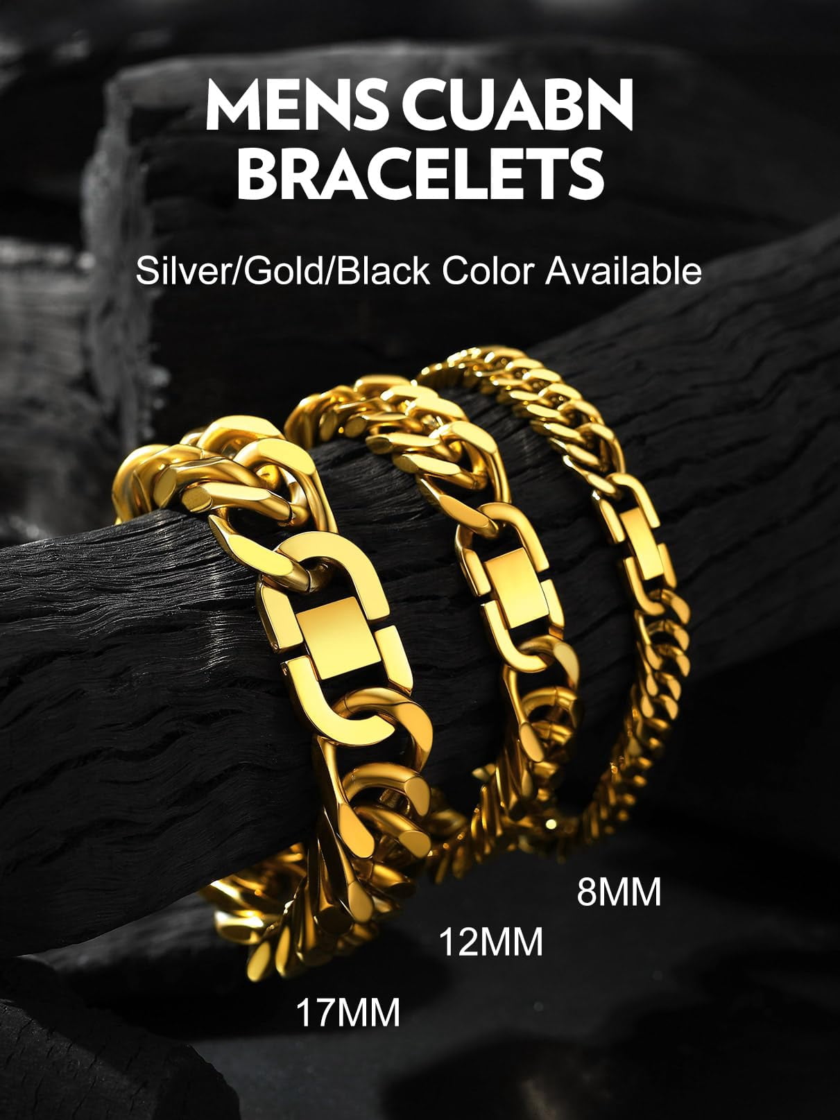 Bandmax 17MM 14K Gold Plated Cuban Chain Bracelets for Men Stainless Steel Miami Curb Link Hand Chain Wristlet Birthday Valentines Father Day Gift for Dad Son Husband Grandpa