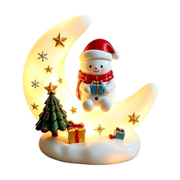 IFRINID Christmas Snowman Crescent Moon Figurine, Lighted Resin Tabletop Decoration with Warm LED for Mantel, Shelf and Holiday Decor