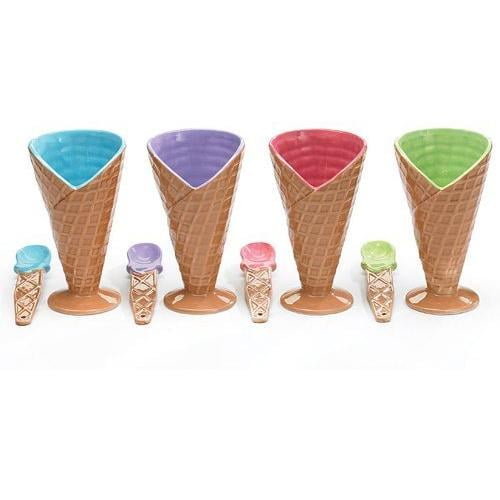 Set Of 4 Large Ice Cream Cone Dishes Bowls With Spoon