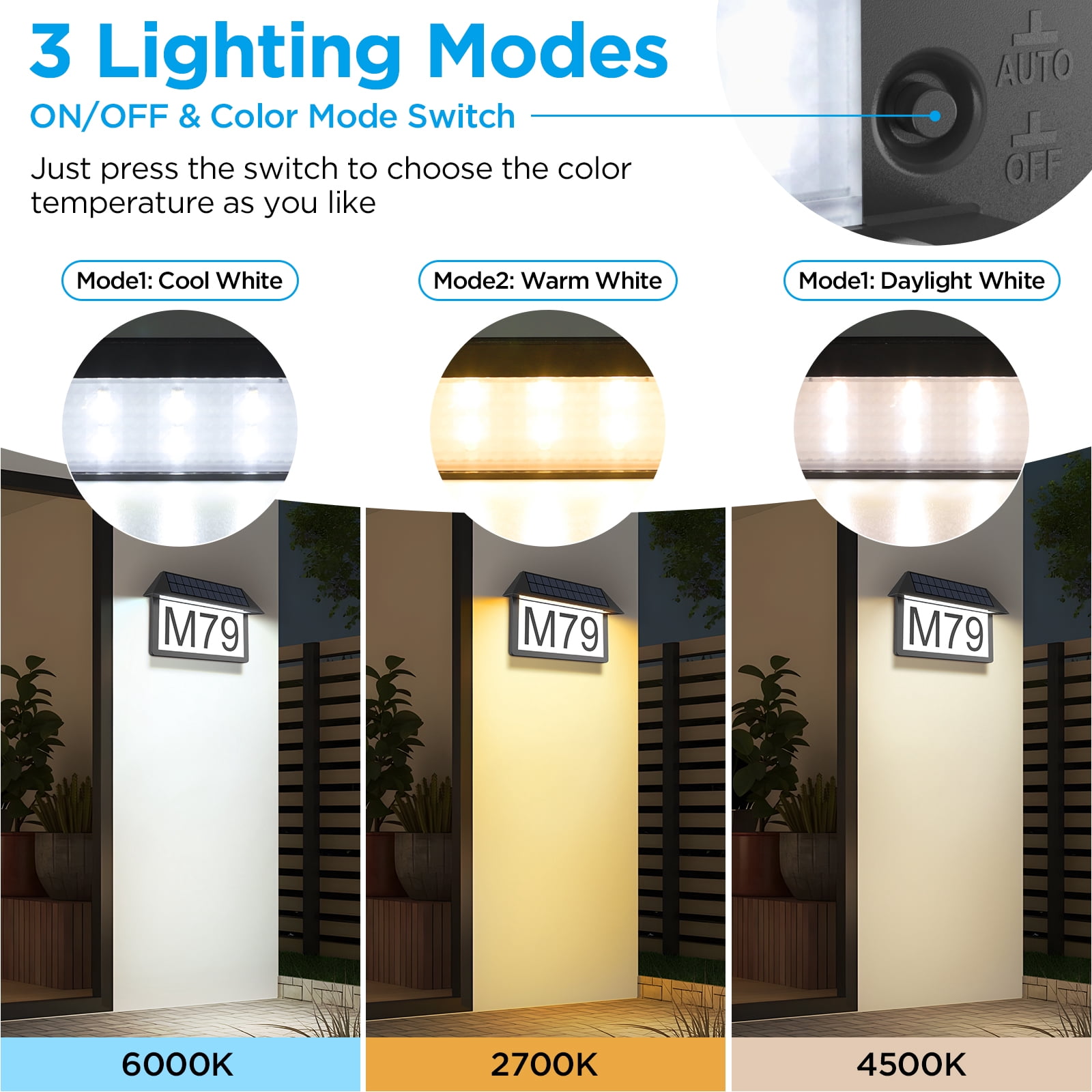 1 PACK Solar Address Sign, House Numbers Sign for Outside 3 Color Temperature, High Brightness Address Numbers 300LM, Wall Mounted waterproof for Home Yard Street