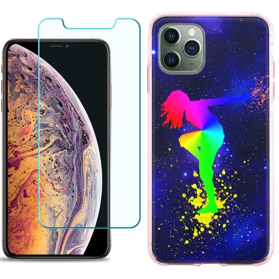 For Apple iPhone 11 PRO Case, Slim-Fit TPU Protective Phone Case (Pink Bezel) with Tempered Glass Screen Protector, by OneToughShield ® - Cosmos Dance