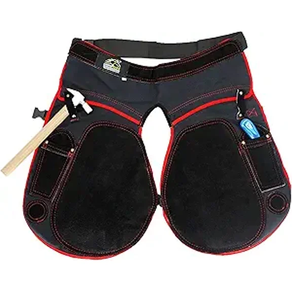 Equine Care Farrier Apron Chaps – Black Canvas & Leather Protective Chaps with Red Piping, 23" Length, Adjustable 28"–52" Waist