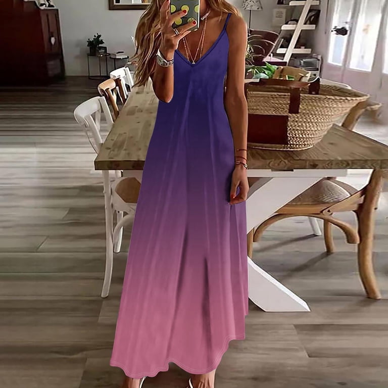 Axiiglly Plus Size Dress for Women Gradient Color Maxi Dresses Spaghetti Straps Beach Dress Flowy Vacation Summer Casual Dress