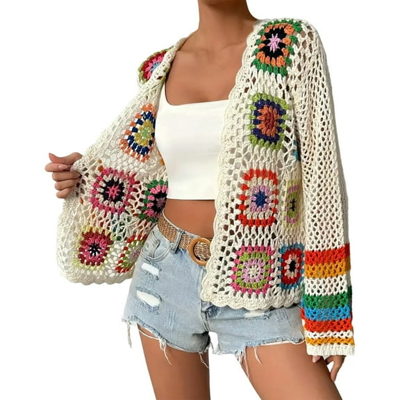 Oversized Cardigans Women Bohemian Crochet Long Sleeve Lace Knit Sweater Handmade Ethnic Rainbow Open Front Top Outfits Clothes