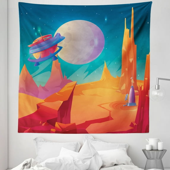Universe Tapestry, Colorful Landscape of Planet Explore the Galaxy Colony Base, Fabric Wall Hanging Decor for Bedroom Living Room Dorm, 5 Sizes, Petrol Blue Marigold and Ruby, by Ambesonne