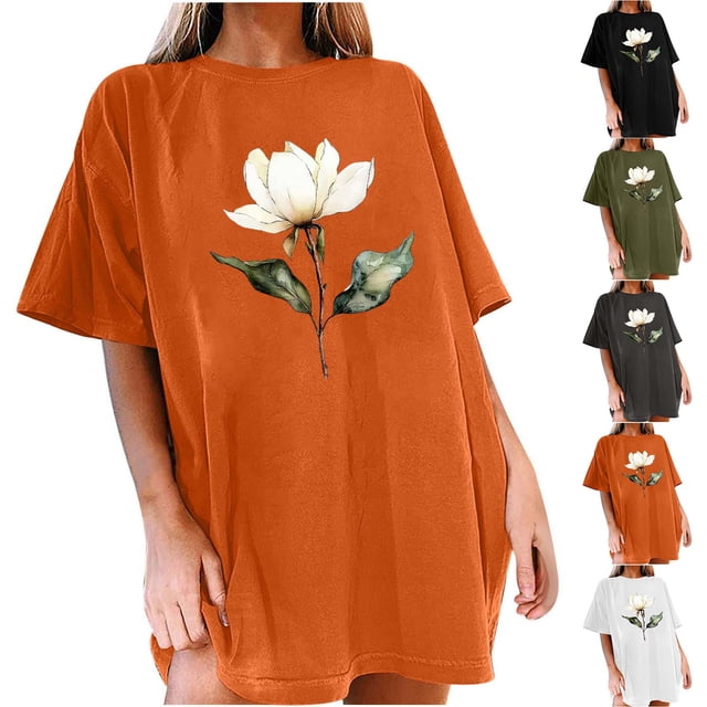 Jacenvly Hauts pour Femmes Décontractés Liquidation T-shirt à Imprimé Floral Manches Courtes Col Rond Épaules Tombantes Hauts pour Femmes Grande Taille