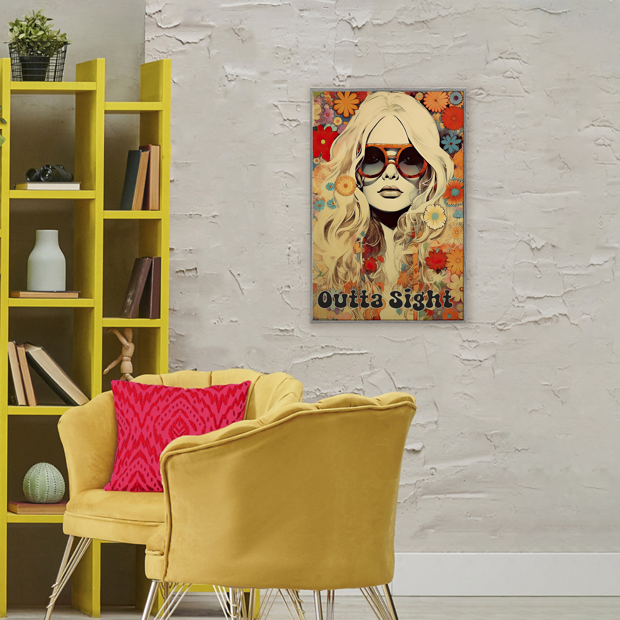 Outta Sight Hippie Girl Gray Framed Giclee Art, design by Sasha