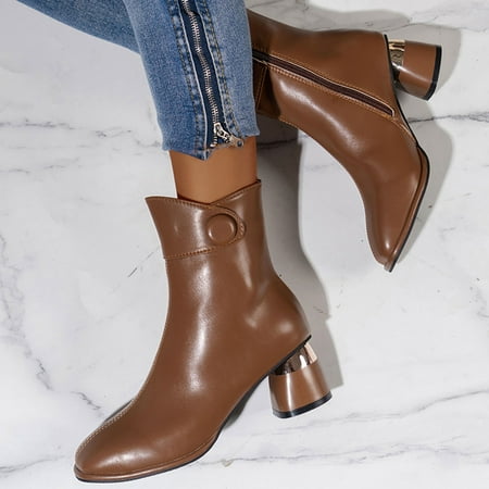 

XDDST Large Size Womens Fall Boots Ankle-High Medium Heel Women s Autumn and Winter Fashion European Wind Side Zipper Ankle Boots with Thick Heel Square Leather Boots Shoes Brown