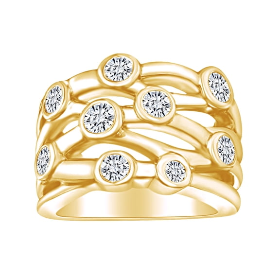 AFFY 1 1/2 Carat Round White Natural Diamond Bezel Set Bubbels Anniversary Ring In 14k Solid Yellow Gold (1.50 Cttw) Ring Size-5