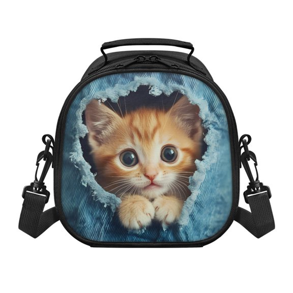 Pzuqiu Detachable Crossbody Strap Kids Insulated Lunch Bag for Picnic School, Polyester Fabric Reusable Kids Lunch Bag, Cat Pattern