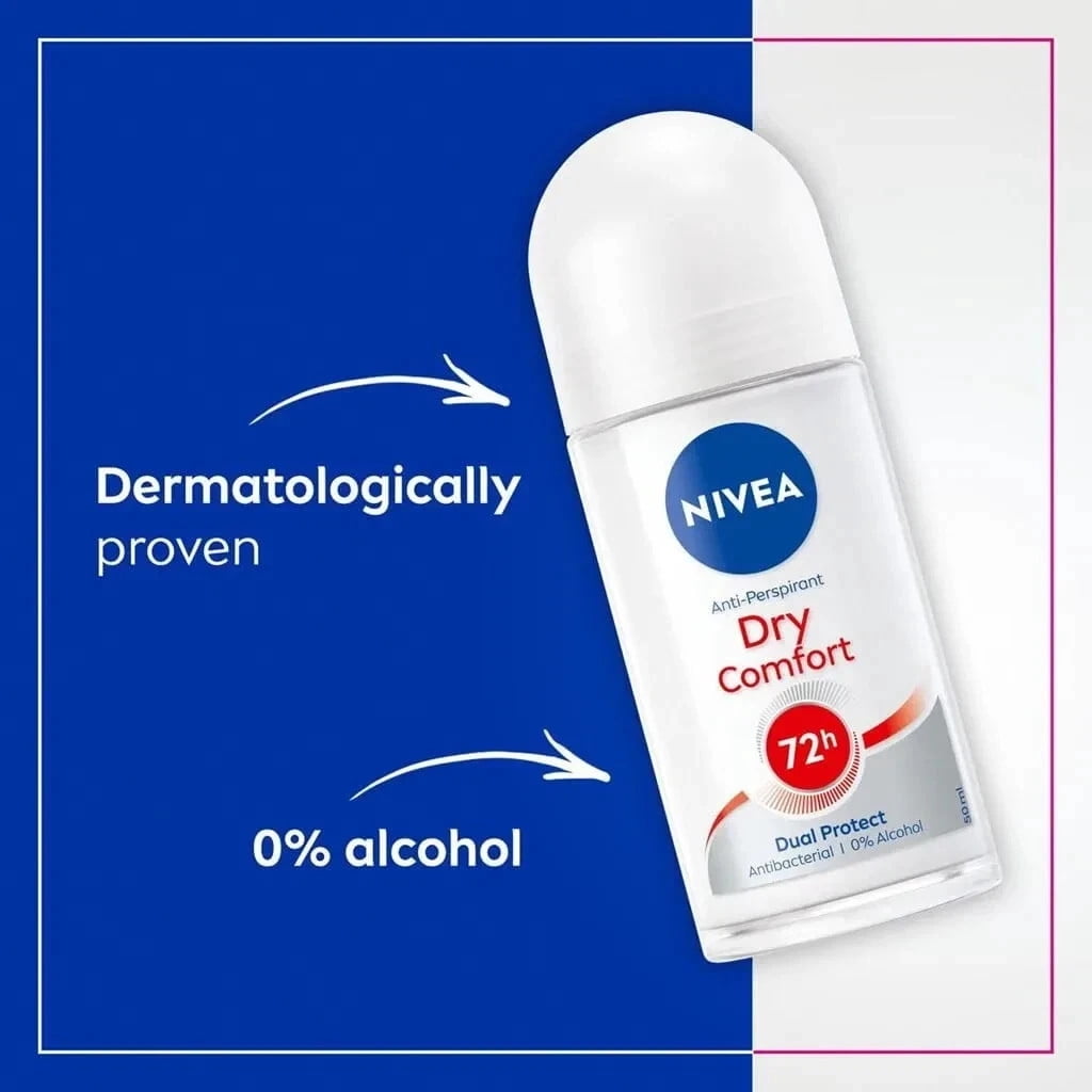 Nivea Dry Comfort Antiperspirant Deodorant Women's Roll-On Alcohol-Free -Travel Size- BULK 12 Pack
