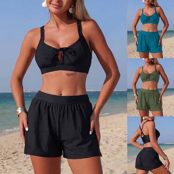 pstuiky Swimsuits for Women Solid Color Crew Neck Plus Size Adaptable Two Piece Swimwear Swimming Suits Workout Two-Piece Sets with Boy Shorts Women's Swimwear