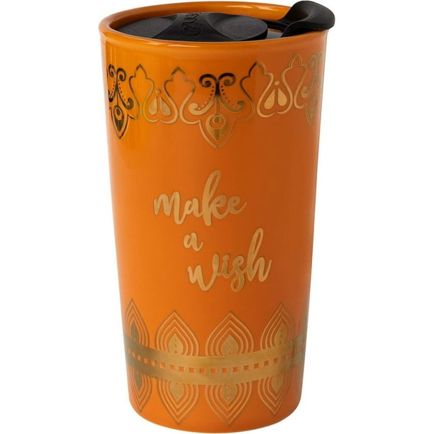 Disney Aladdin Travel Coffee Mug, 16oz Insulated, Ceramic To-Go Cup with Lid Gold Genie Lamp & Make A Wish Design