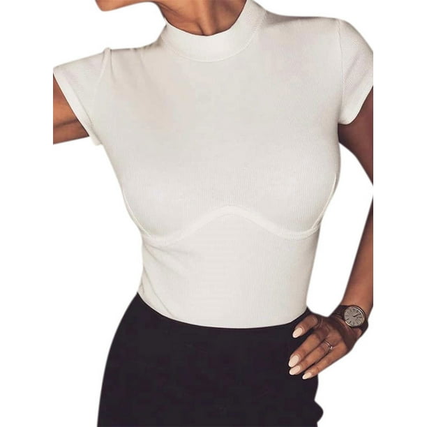 Download Lallc - Women's Mock Neck Short Sleeve Tops Summer Shirt Slim Fit Plain Jumper Blouse - Walmart ...