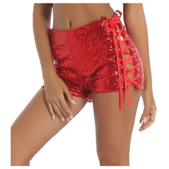 TRUBKH Women's Sequin High Waist Strappy Shorts Hollow Shorts Vacation Outfits Shorts Cute Shorts Trendy Lounge Shorts Women's Summer Shorts with Lace Up Dance Shorts Mid Rise Red S