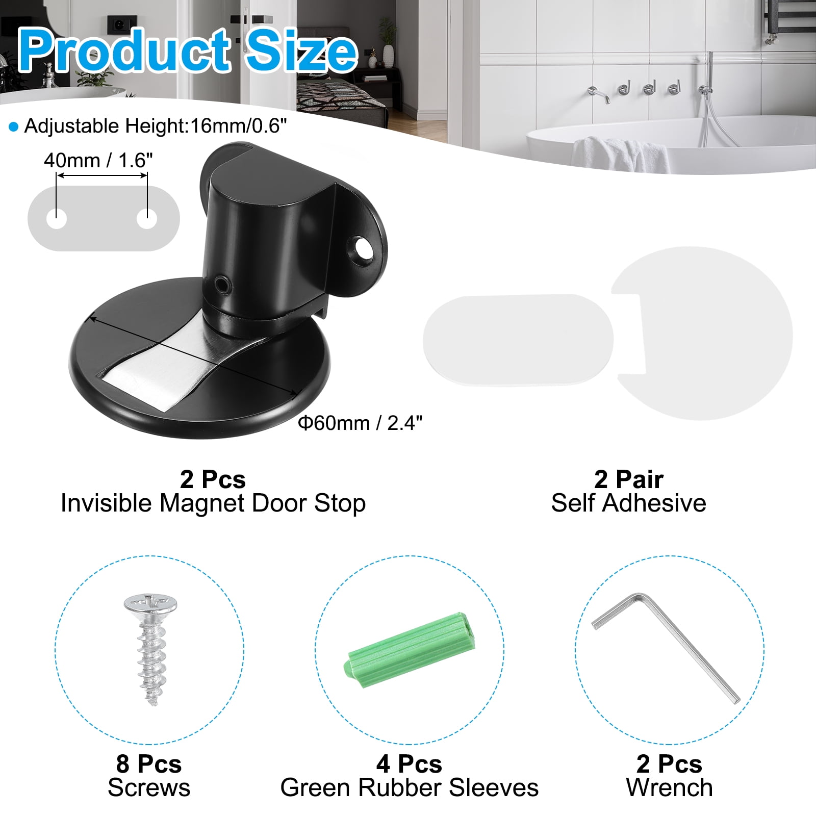 Invisible Adjustable Magnet Door Stop with Self Adhesive & Screw Mount, Matte Black 2 Pack