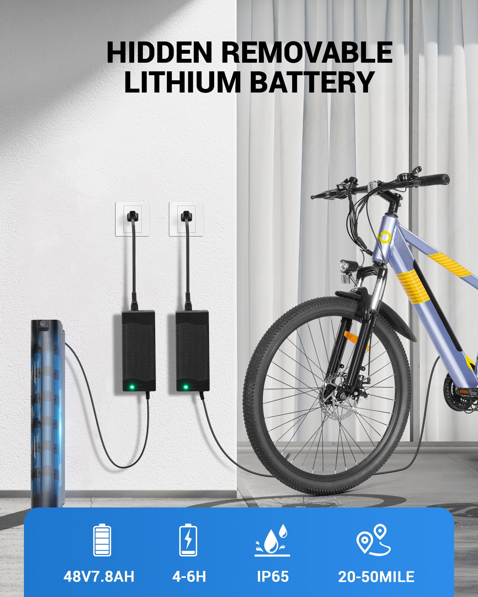 MIHOVER 26*1.95" Electric Bike for Adults 750W Peak 20MPH, 48V Removable Battery 40 Miles, Shimano 21-Speed Adjustable Fork，UL2849 City & Light Off-Road E-Bike with Lock-Blue