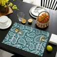 thumbnail image 4 of Teal Paisley Pattern Summer Placemats Table Placemats Set Of 4-Linen Kitchen Washable Placemats Table Mats 11.8"x17.7" Non-Slip Heat Resistant, 4 of 6