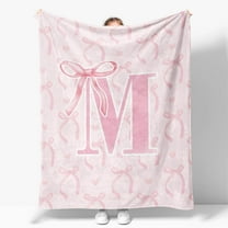 Coquette Pink Bow Throw Blanket, Personalized Initial Alphabet Fluffy Cozy Flannel Blanket, Monogrammed Gifts for Women, Unique Customized Blanket for Her Girls Christmas Birthday