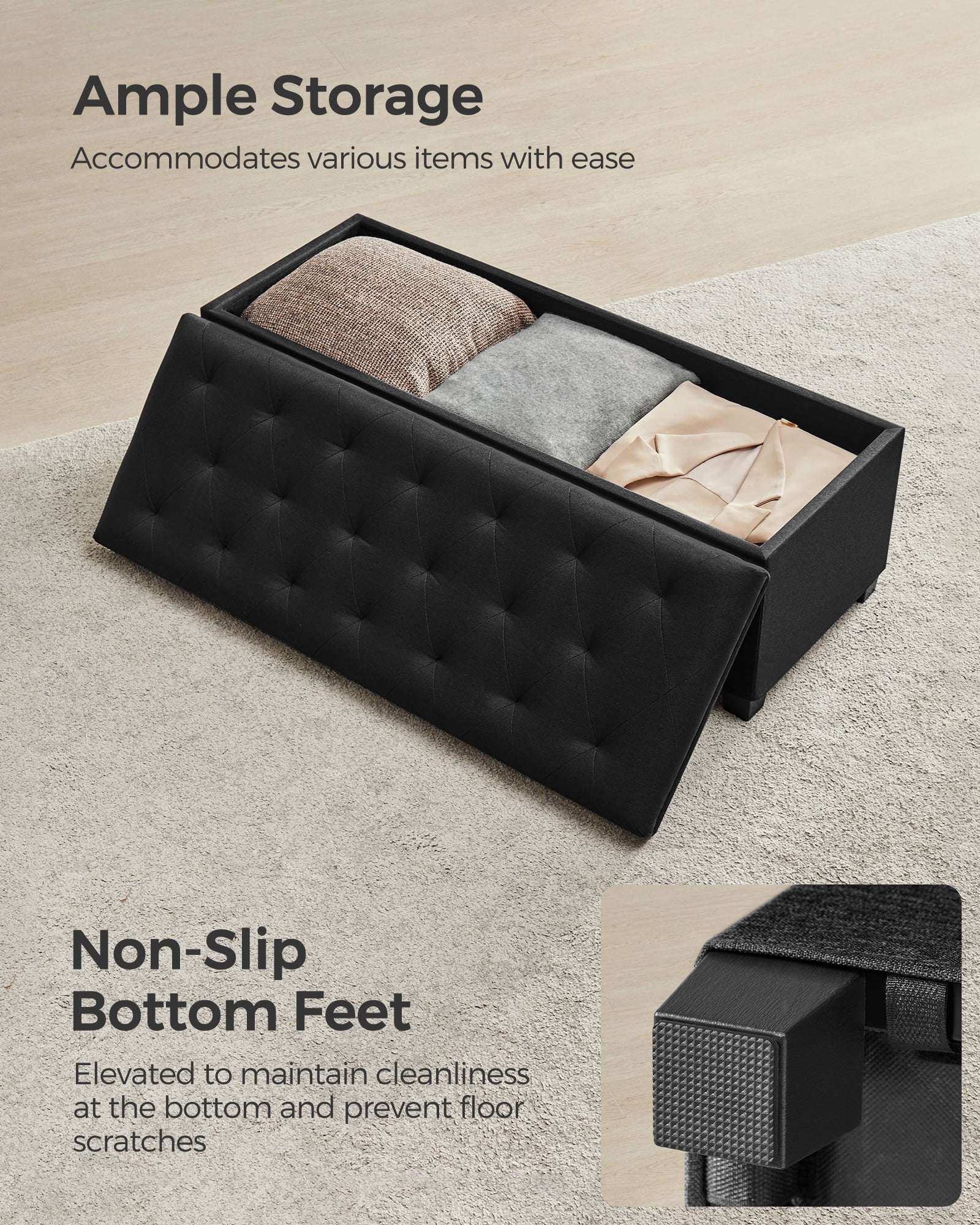 SONGMICS 43.3" Storage Ottoman Bench Hold up to 660lbs Bedroom Ottoman Bench Enough Storage for Bedroom Entryway Living Room Black
