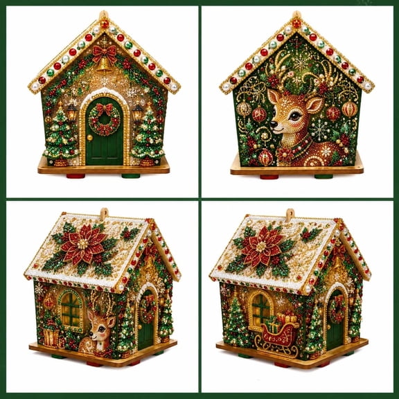 Christmas Pearl Diamond Art Wooden House Kit, Holiday Ornaments Handmade Home Decoration, Rhinestone Craft Set for Adults Teens